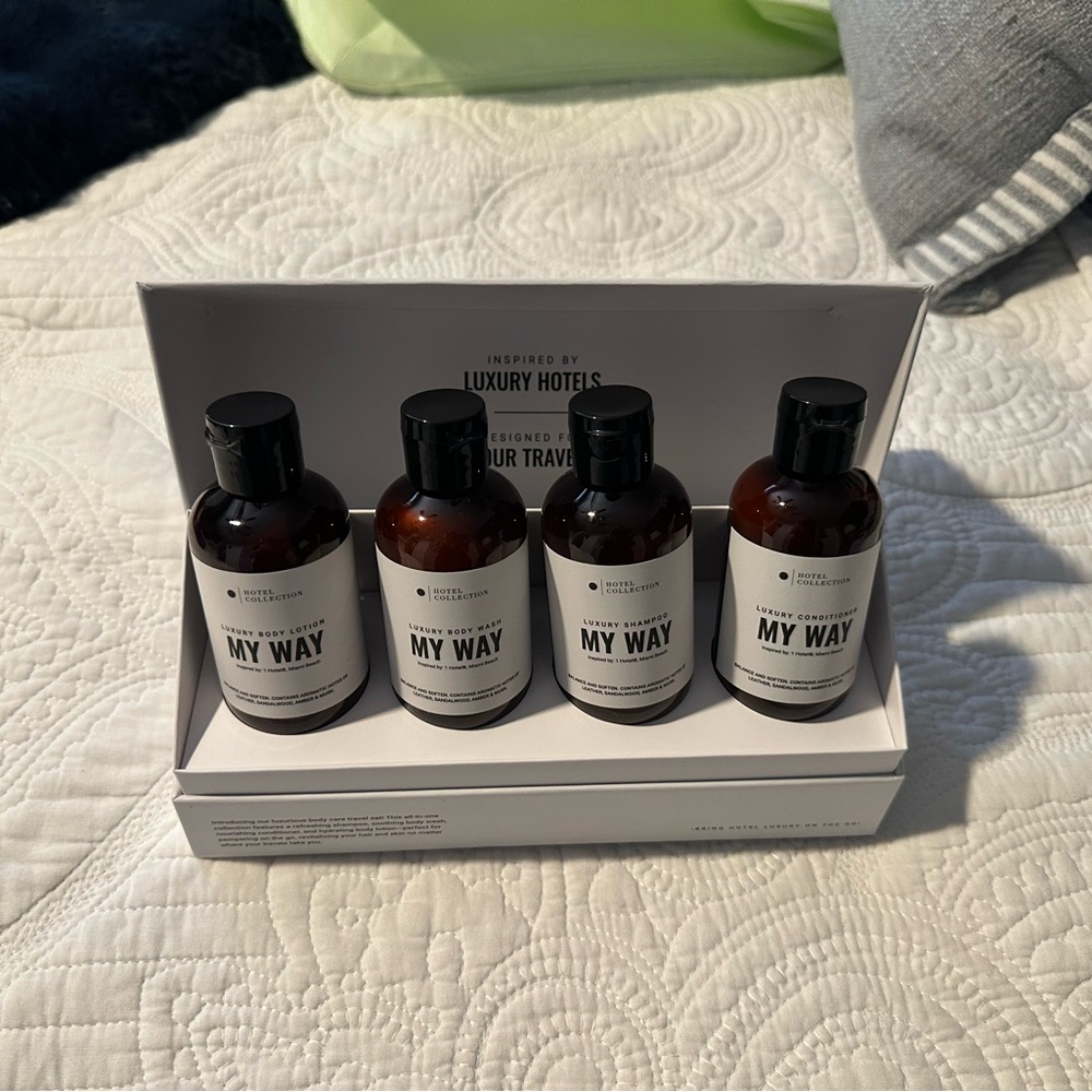 Hotel collection My Way Travel Size Bath Set - Brown Bottles with White Labels